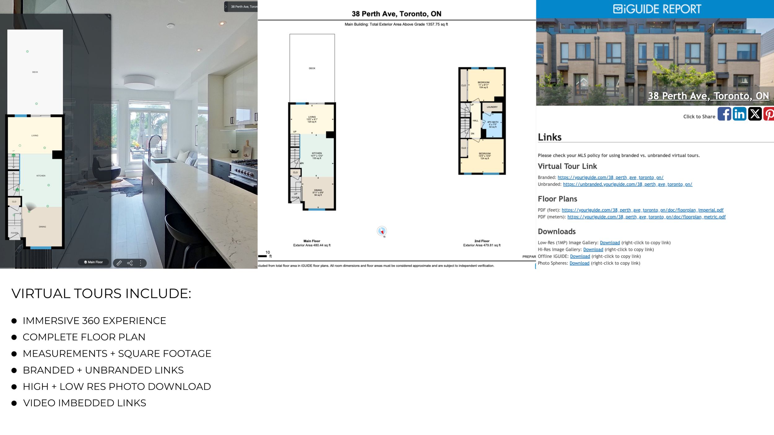 Collage of property images showing floor plans, kitchen interior and exterior views of a Toronto townhouse.