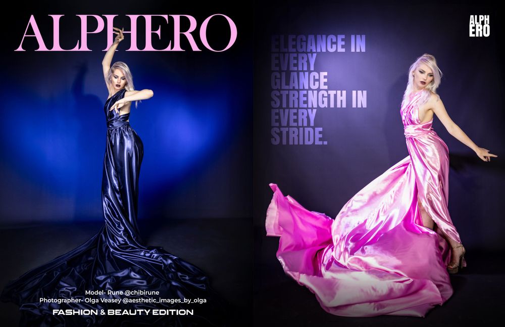 Two dramatic fashion photos showing models in flowing evening gowns against blue and pink backdrops with text overlay.