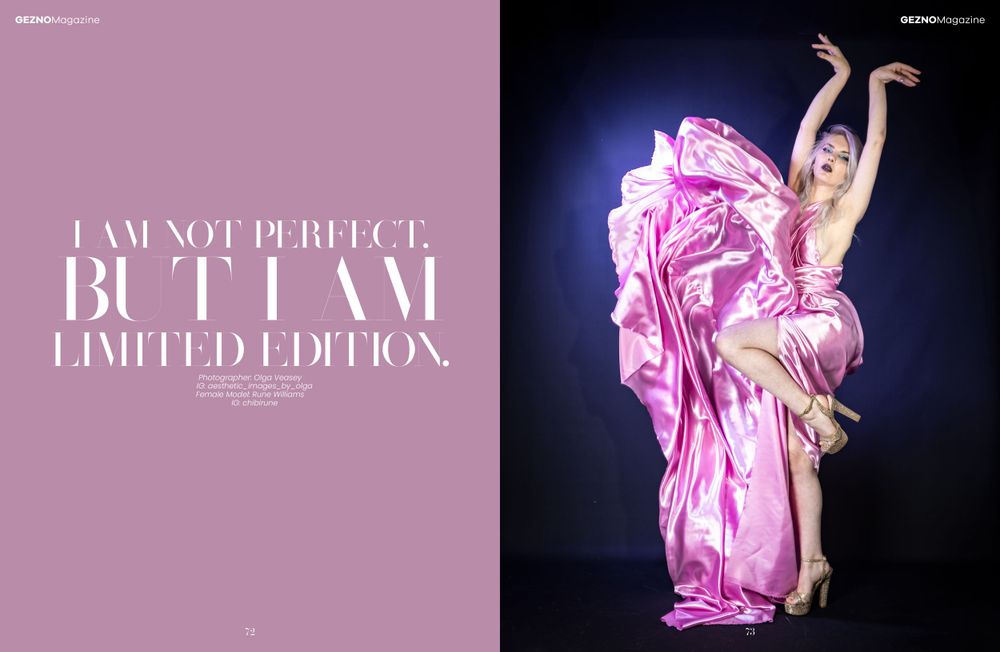 Fashion magazine spread featuring flowing pink dress against dark blue backdrop.