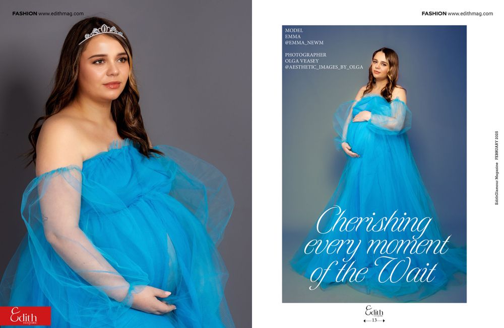 An ethereal maternity photoshoot featuring a flowing turquoise off-shoulder gown against a gray and white studio background.