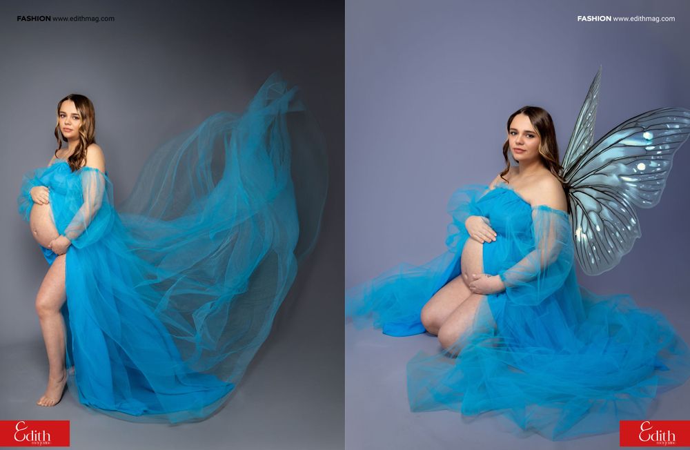 Maternity photoshoot featuring flowing turquoise dress and butterfly wings against gray backdrop in split image comparison.