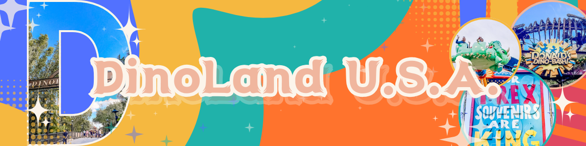 Retro-style theme park banner for Dinoland USA featuring colorful shapes and rollercoaster silhouette against orange background.
