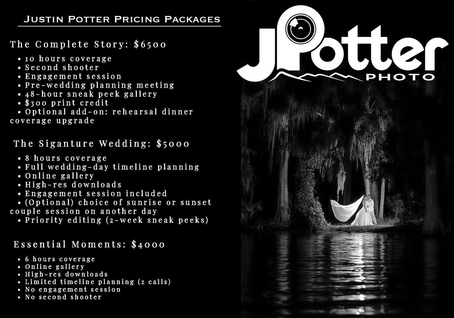 Black and white photography pricing package design with dramatic lake image.