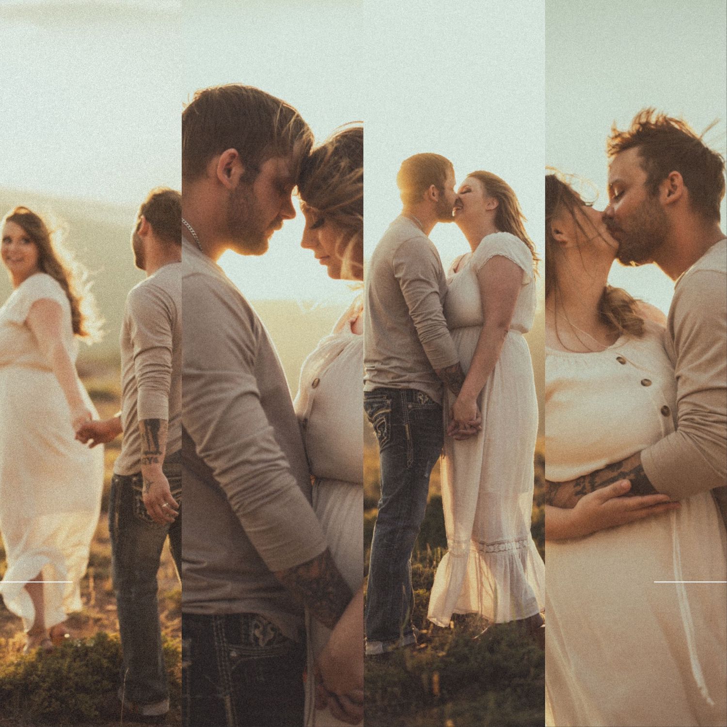 Collection of romantic couple photos showing tender moments at sunset.