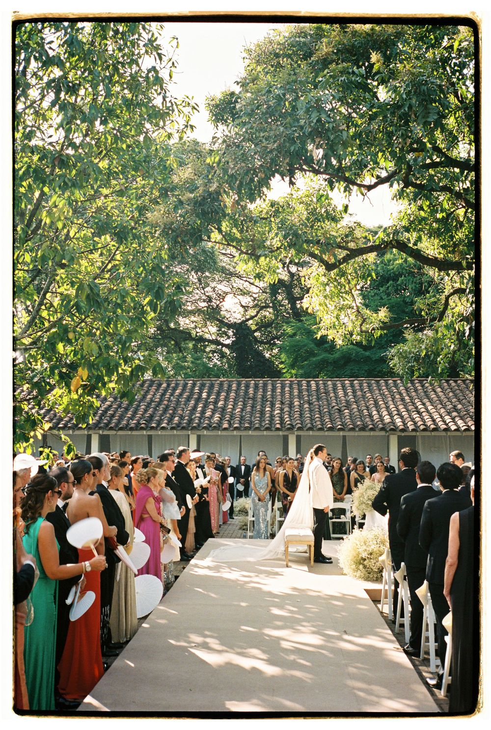 Wedding ceremony aisle lined with guests under towering trees at an outdoor venue.