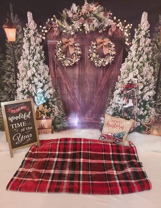 A rustic Christmas backdrop with plaid blanket, wreaths, and snow-covered trees.