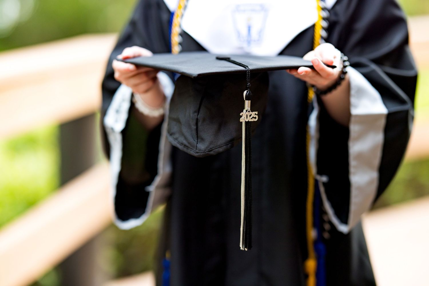 Academic graduation cords and tassels arranged on wooden surface. Photos by Tampa Photographer DigitalMyst Photography
