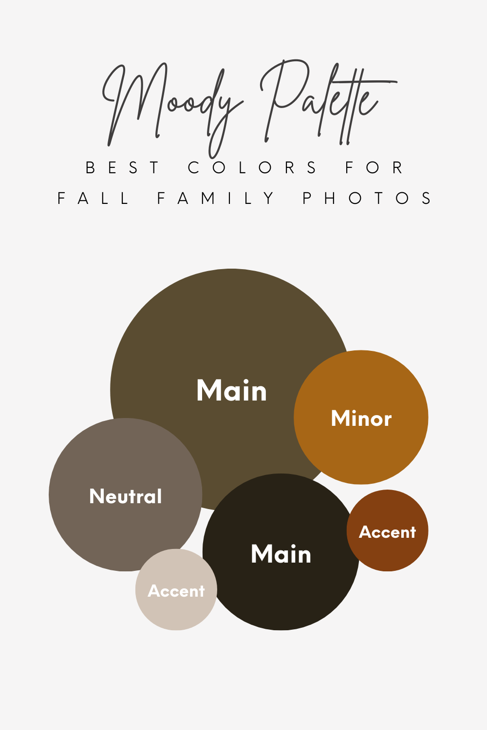 Color palette guide for fall family photos showing earthy brown, black and beige circles labeled as Main, Minor, Neutral and Accent.