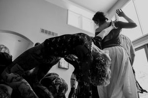 Dynamic black and white dance photo showing dramatic movement and form.