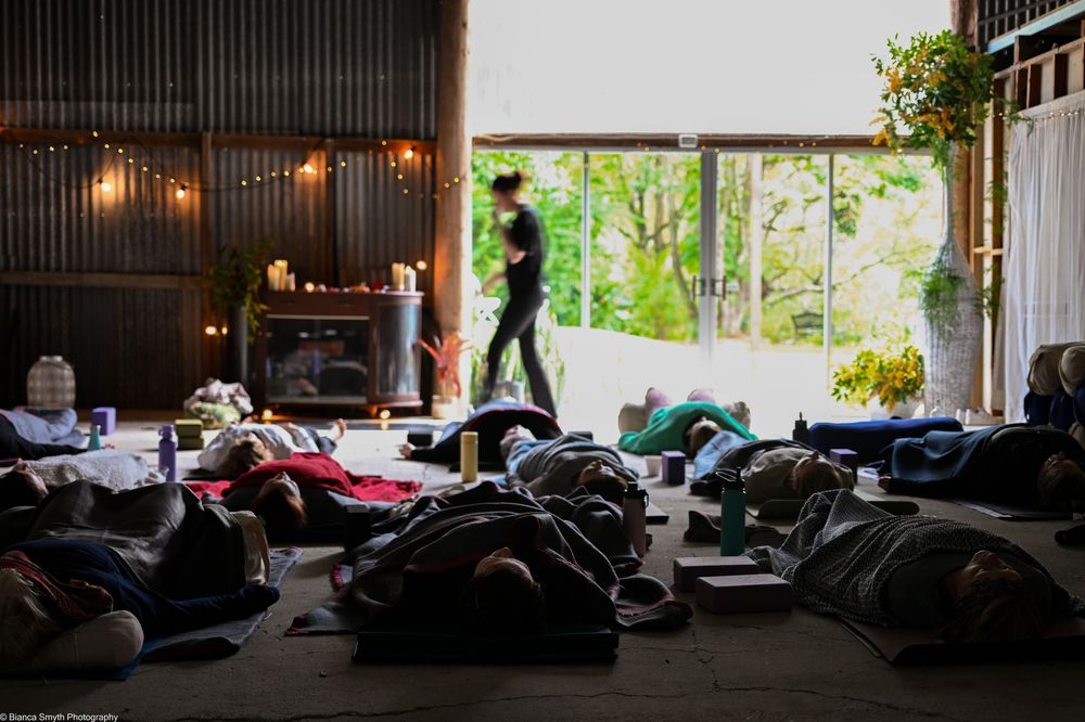 Group photo of people who attended a yoga retreat