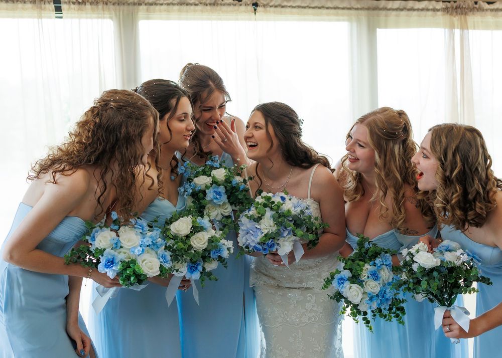 A series of bridesmaids in light blue dresses pose playfully in a wedding photo montage.