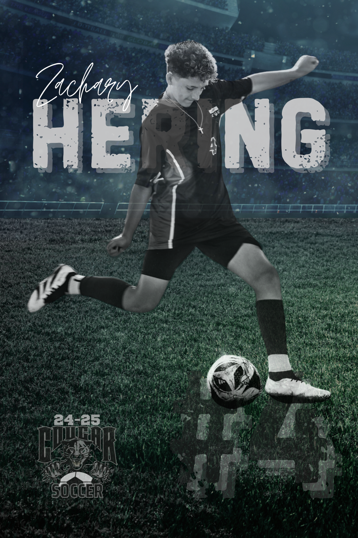 Soccer player in black uniform takes a striking pose with the ball on a field with dramatic lighting effects and overlaid text.