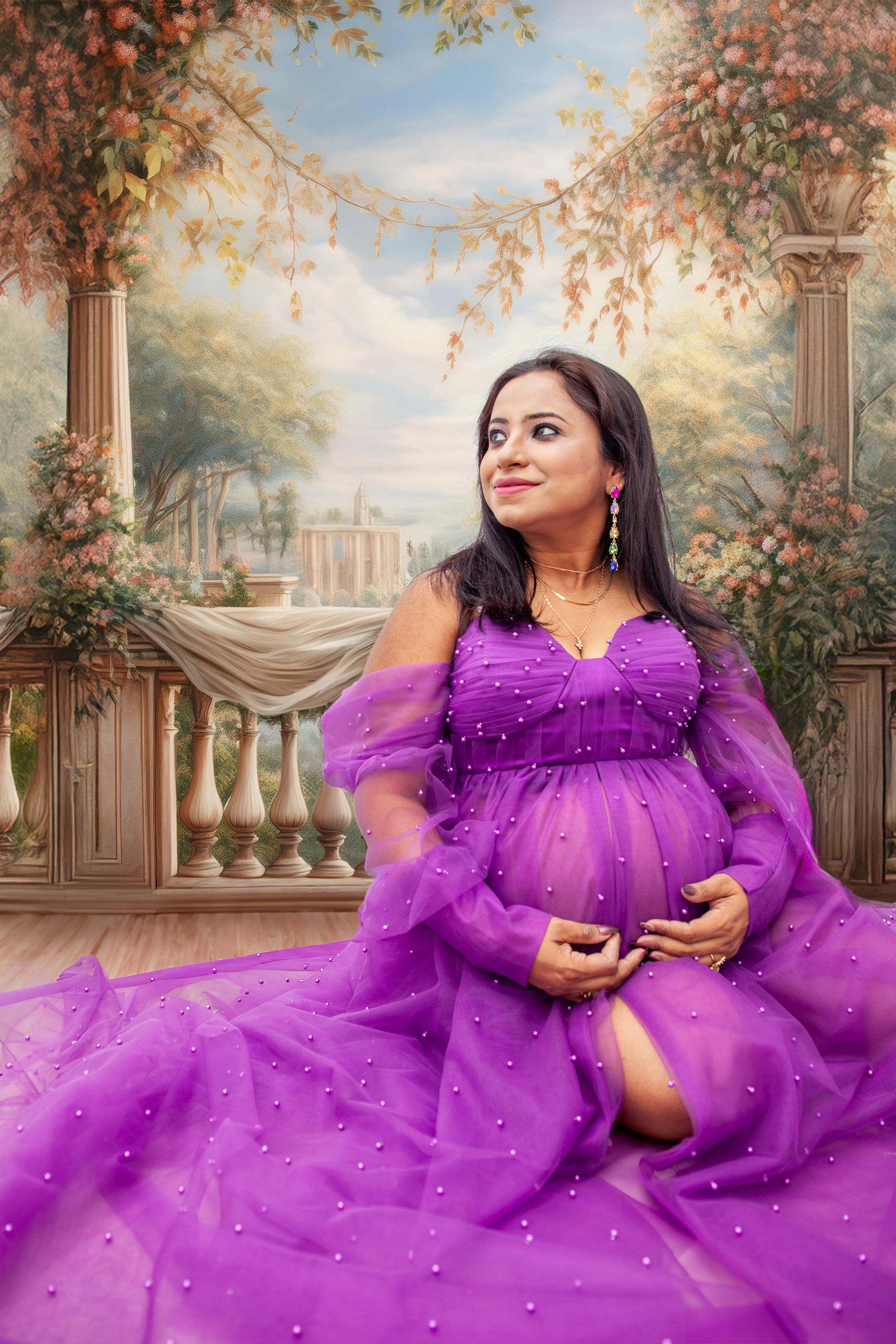 Stunning purple gown with sparkle details in front of painted garden backdrop.