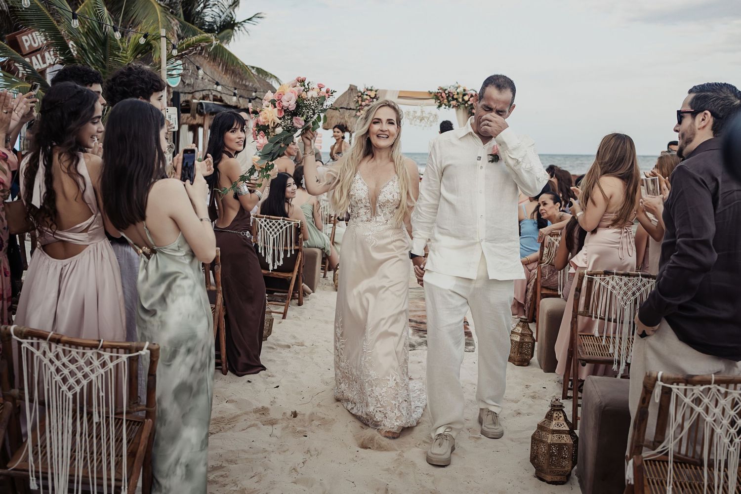 A panoramic collage showing wedding party moments in neutral tones with guests celebrating outdoors.