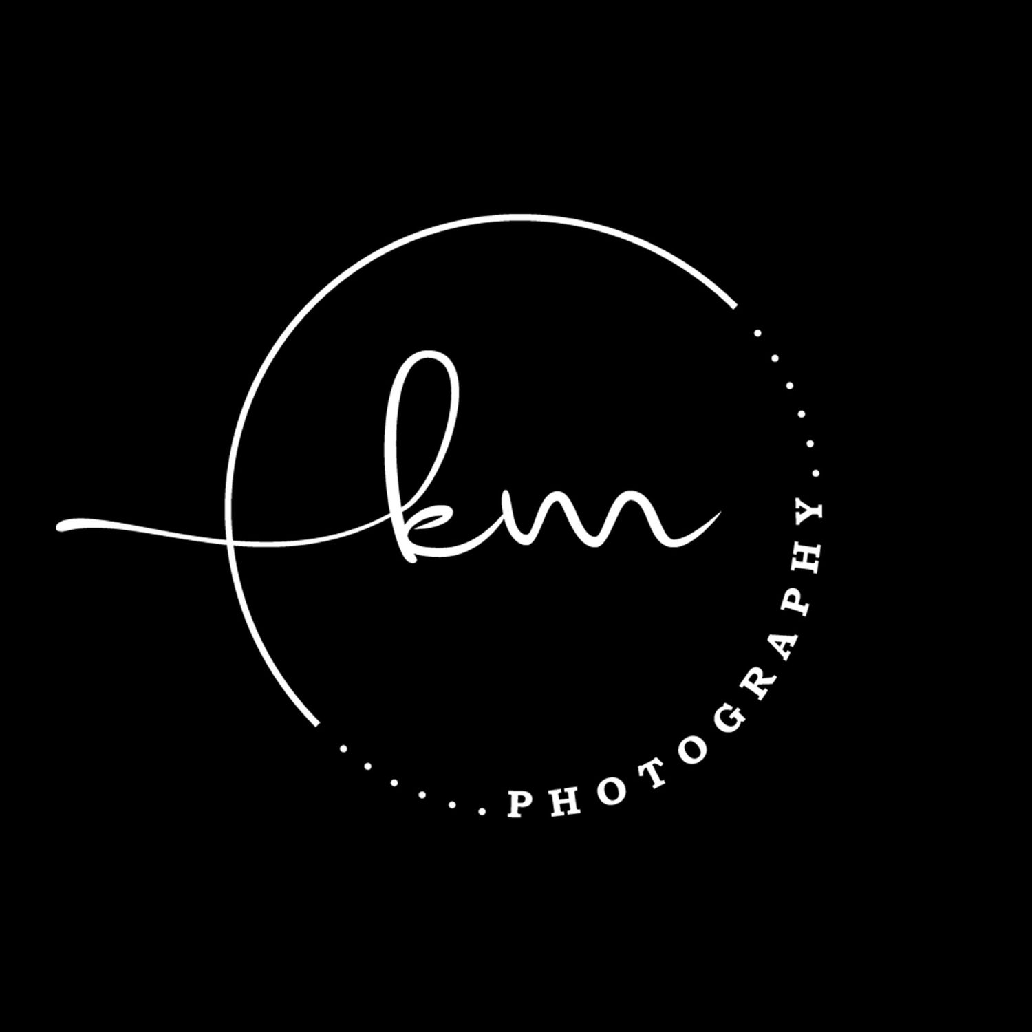 Minimalist photography logo design with cursive text in circular frame on black background.
