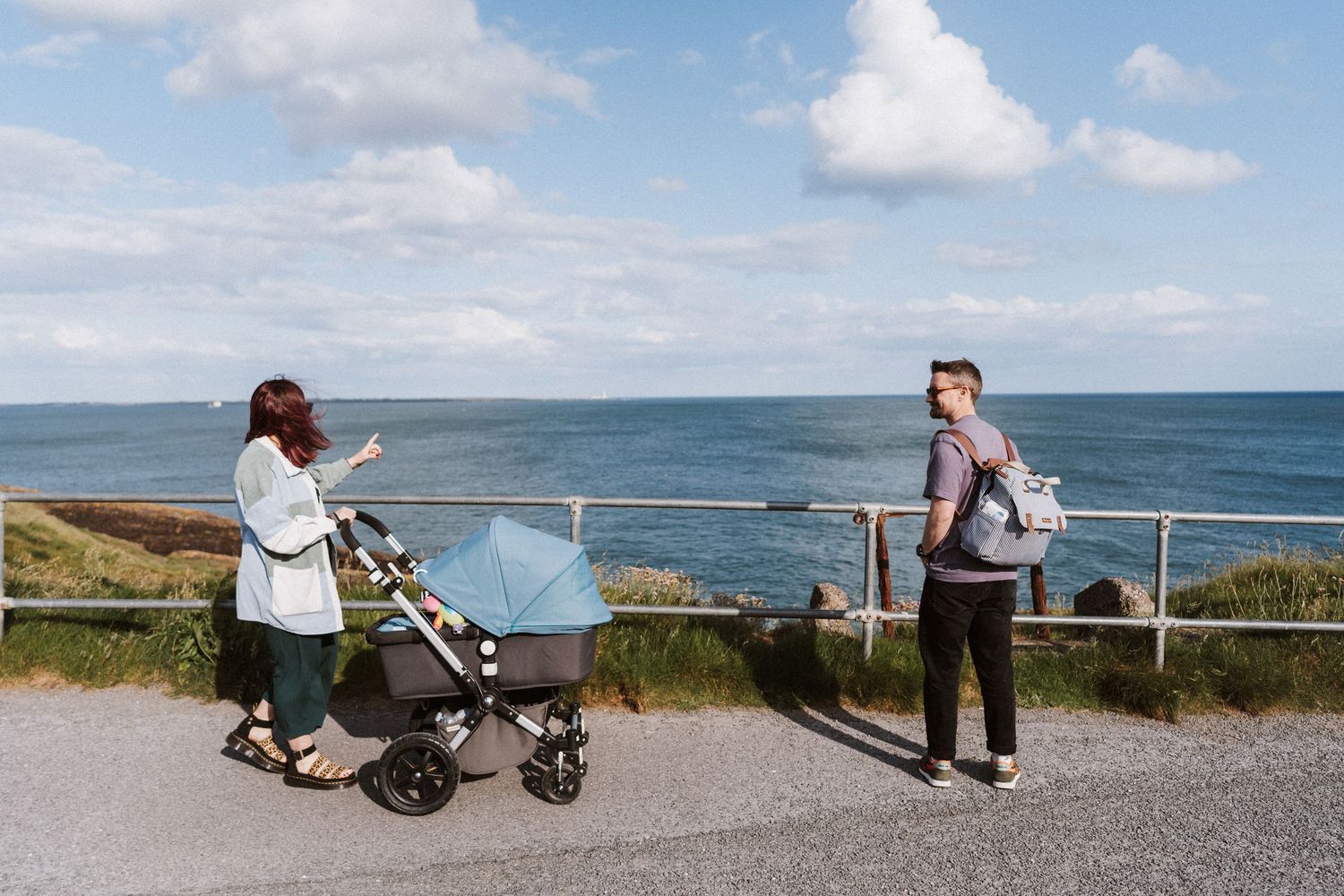 A series of coastal images showing people enjoying leisure activities along a scenic oceanfront path.