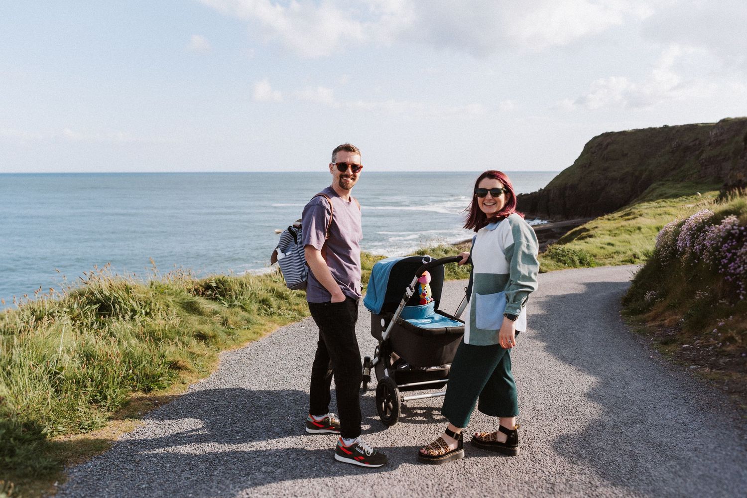 A series of casual beach photos showing people relaxing on a coastal path with ocean views in the background.