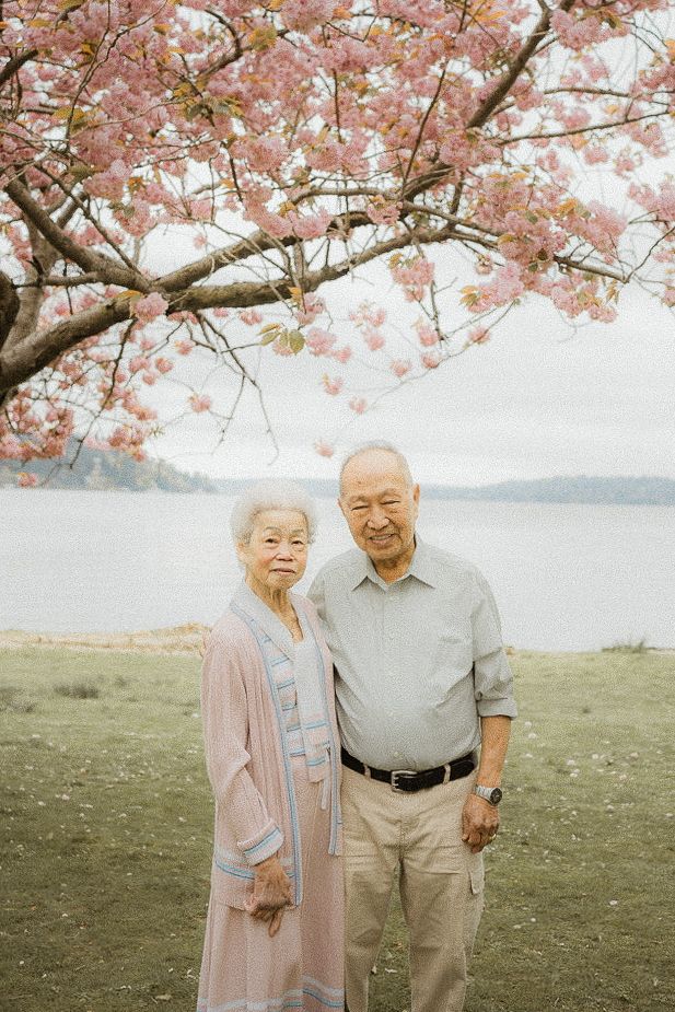 An elderly couple shares a tender moment under blooming cherry blossom trees in springtime.