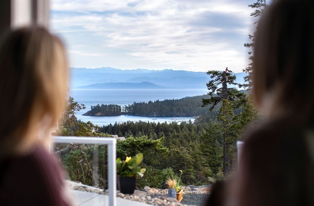 Two women looking out a window at a stunning ocean and island view through trees.