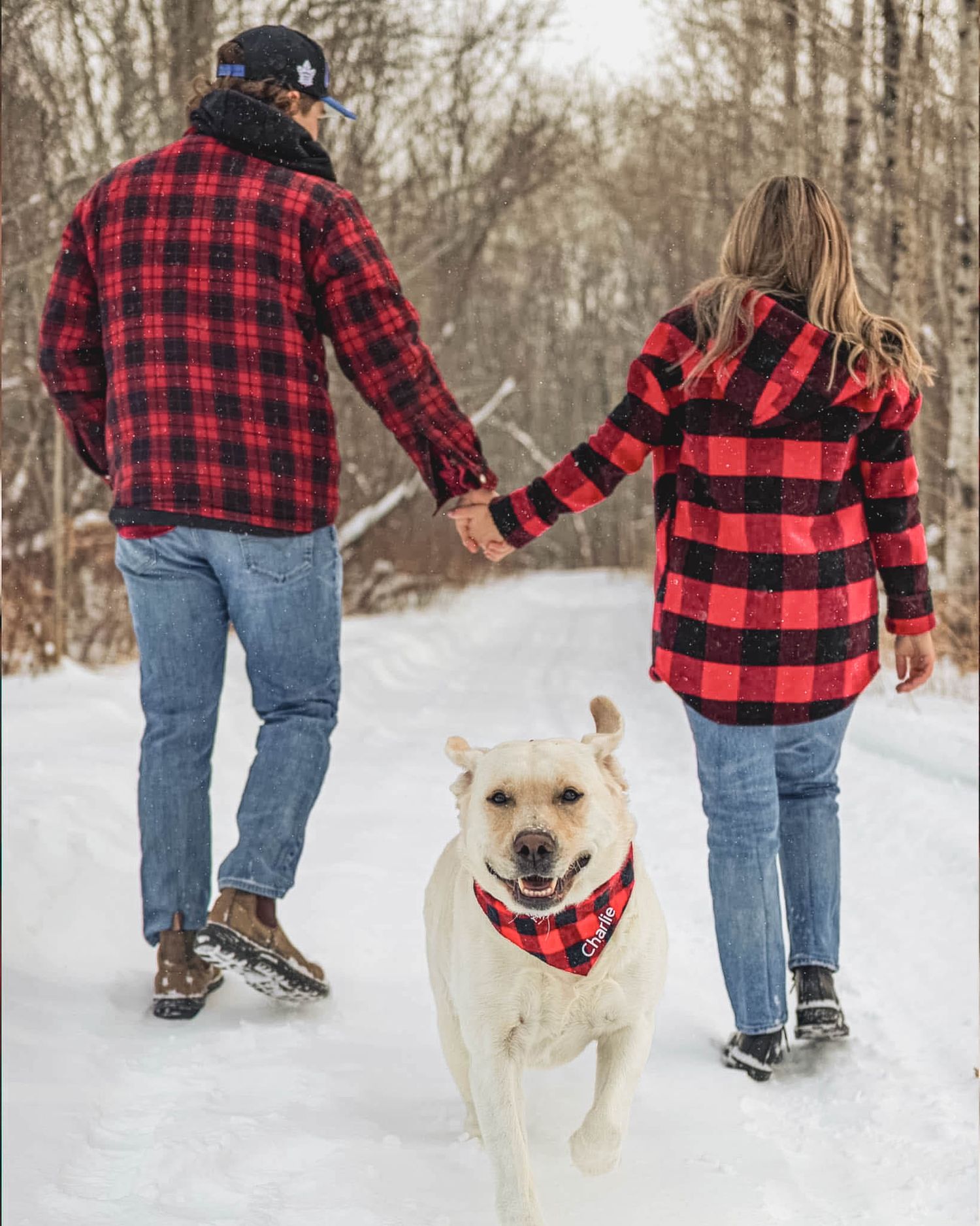 couple in snow with dog