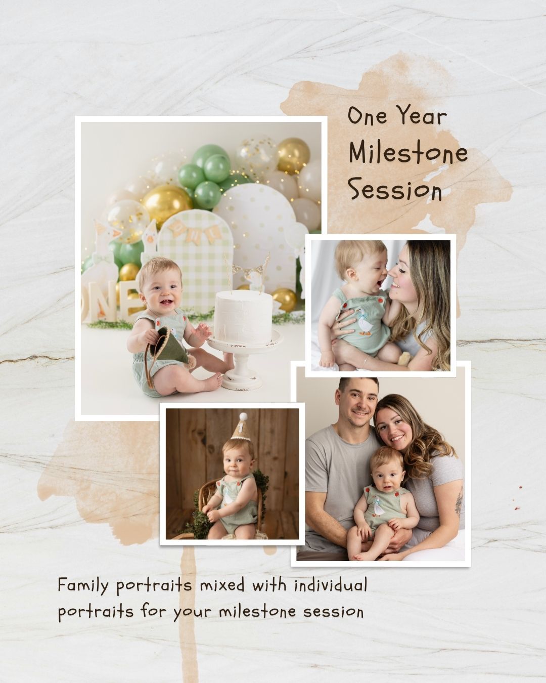 Photography collage banner showcasing family milestone portrait sessions with soft beige watercolor design elements. Elizabeth Lang Photogra