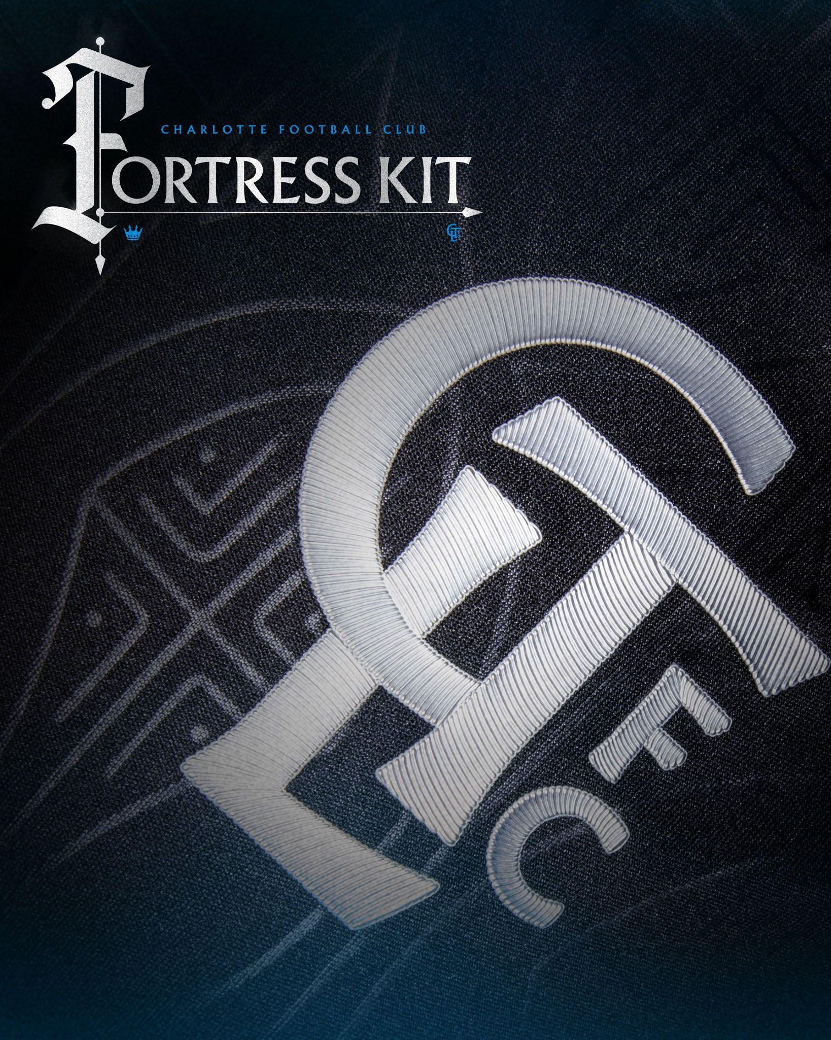 Charlotte FC Fortress Kit dark jersey with embroidered CFC monogram logo on black textured fabric.