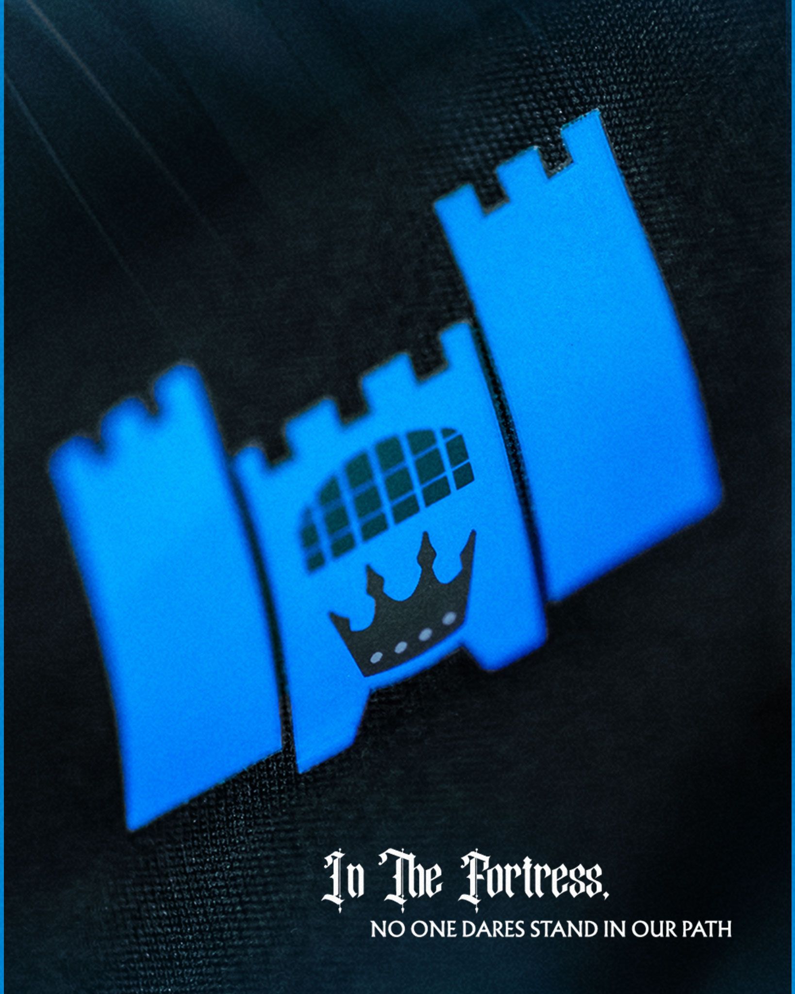 Charlotte FC Fortress Kit blue castle battlement graphic on black jersey with gothic typography.