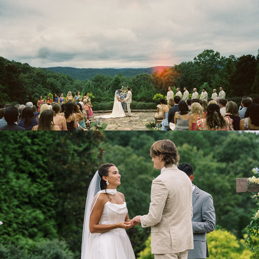 Panoramic collage of an outdoor wedding ceremony and reception set against a scenic mountain landscape at sunset.