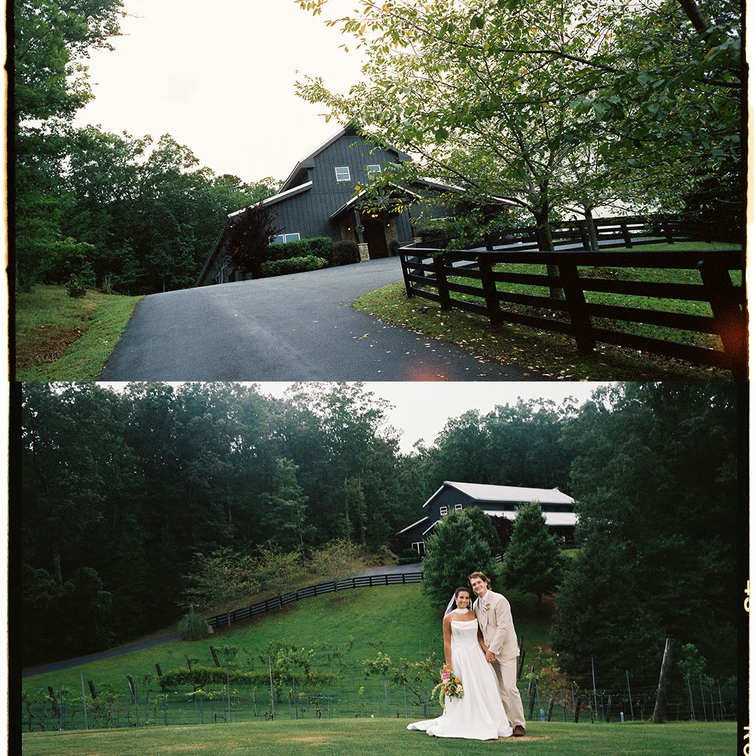 Couple embracing on a scenic hillside with wooden fences and trees at sunset.