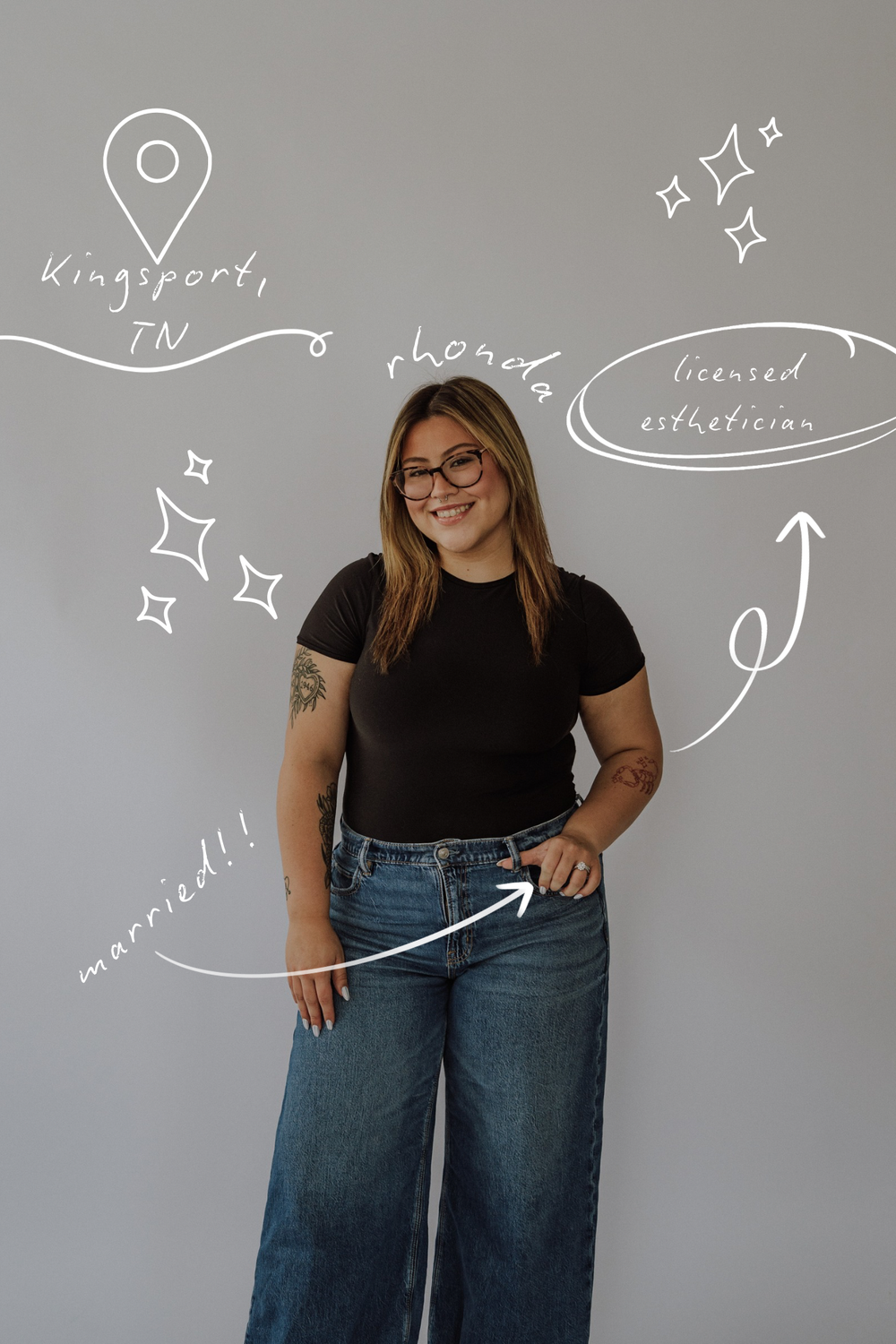 Smiling woman in black tee and jeans with doodles noting Kingsport TN, married, and licensed esthetician.