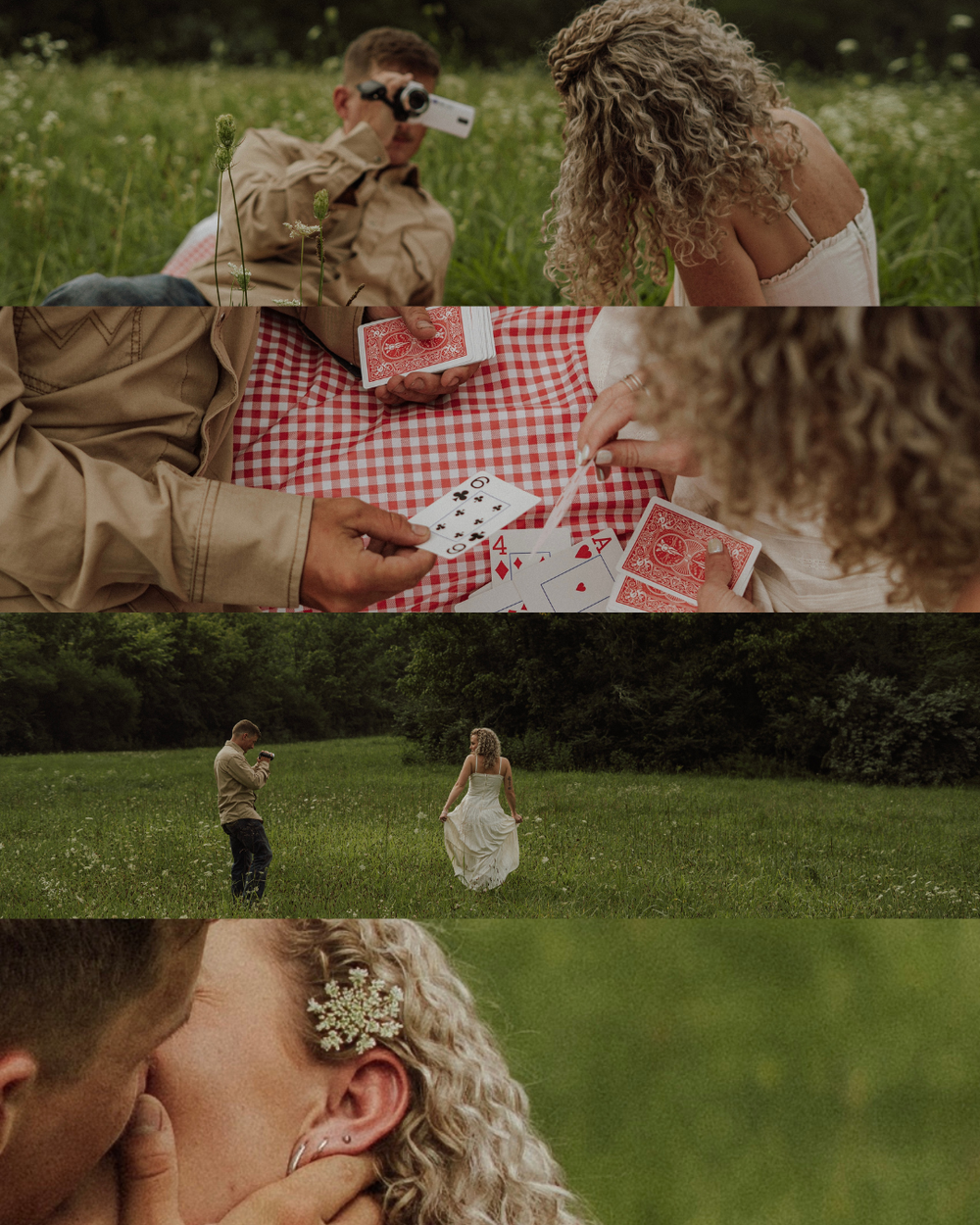 Romantic couple enjoying a picnic with playing cards in a lush green field, sharing a tender kiss outdoors.