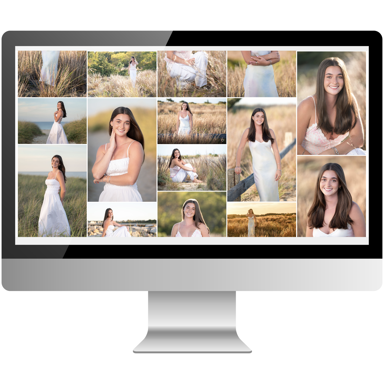 Computer monitor displaying a photo gallery grid layout showing outdoor portrait photography sessions.