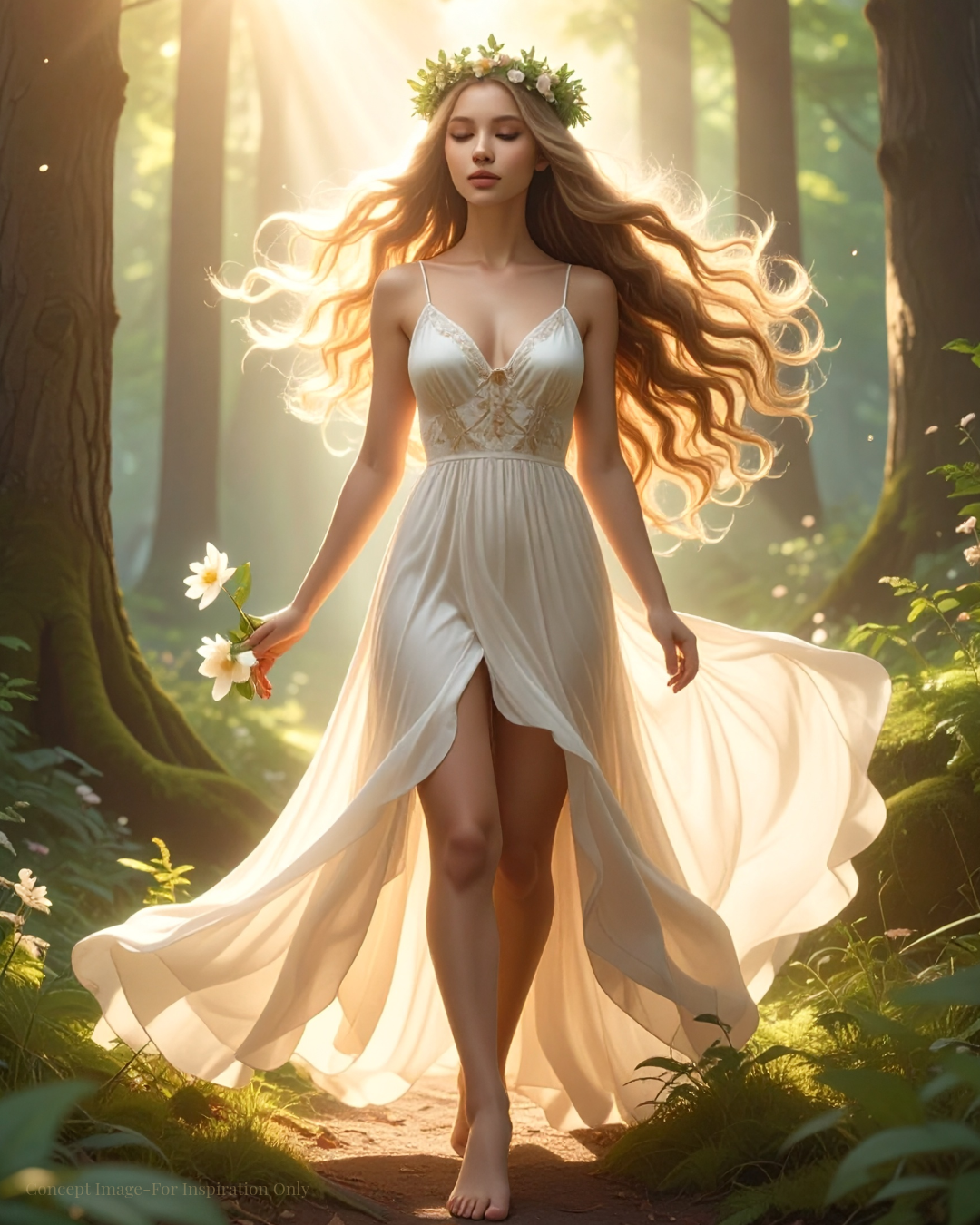 A young woman with long, flowing red hair wearing a flowing white dress stands in a forest clearing surrounded by nature.