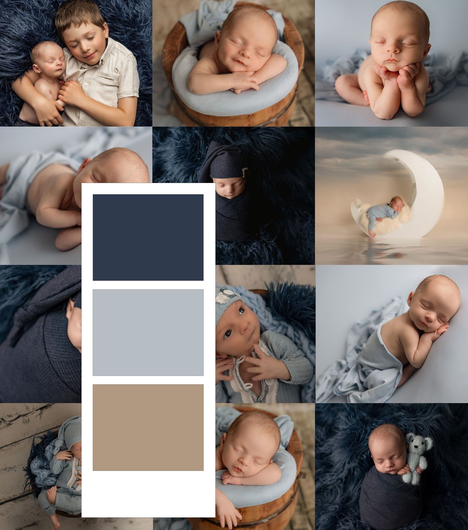 Newborn photography collage featuring a baby boy in navy, blue, and tan tones with an older sibling and moon prop.
