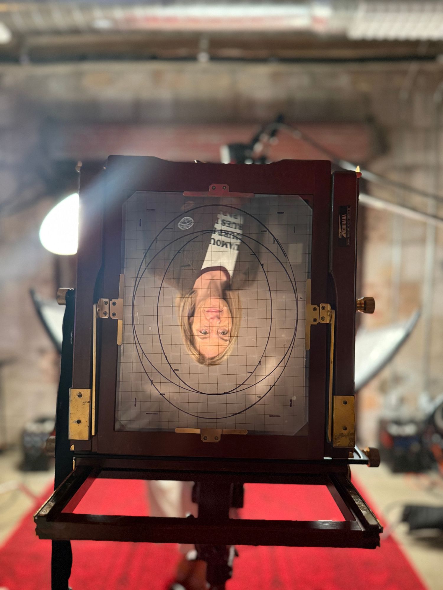 A view through a large format camera ground glass showing a circular target pattern and image frame.