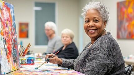Elderly woman with white hair painting a colorful artwork with a fine brush at a table.