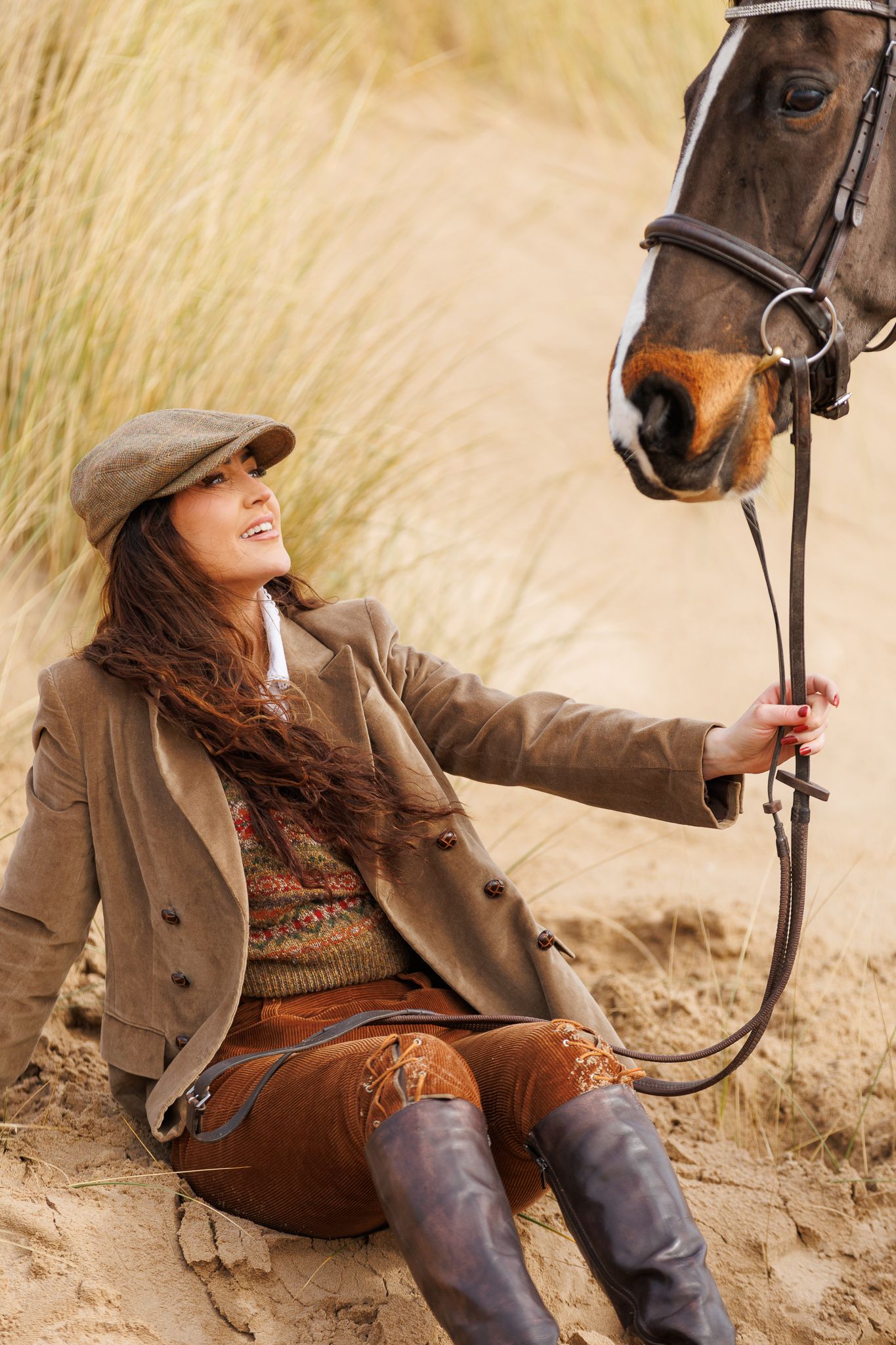 A series of photos showing a person with red hair interacting with a dark horse in a soft-focus outdoor setting.