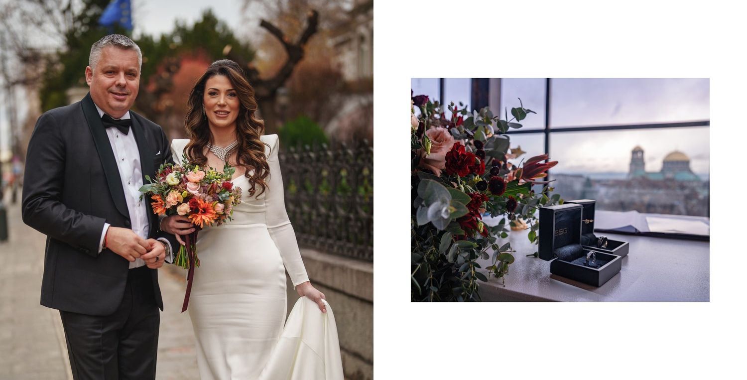 Elegant wedding couple walking outdoors with vibrant autumn bouquet next to modern venue setup with skyline view.