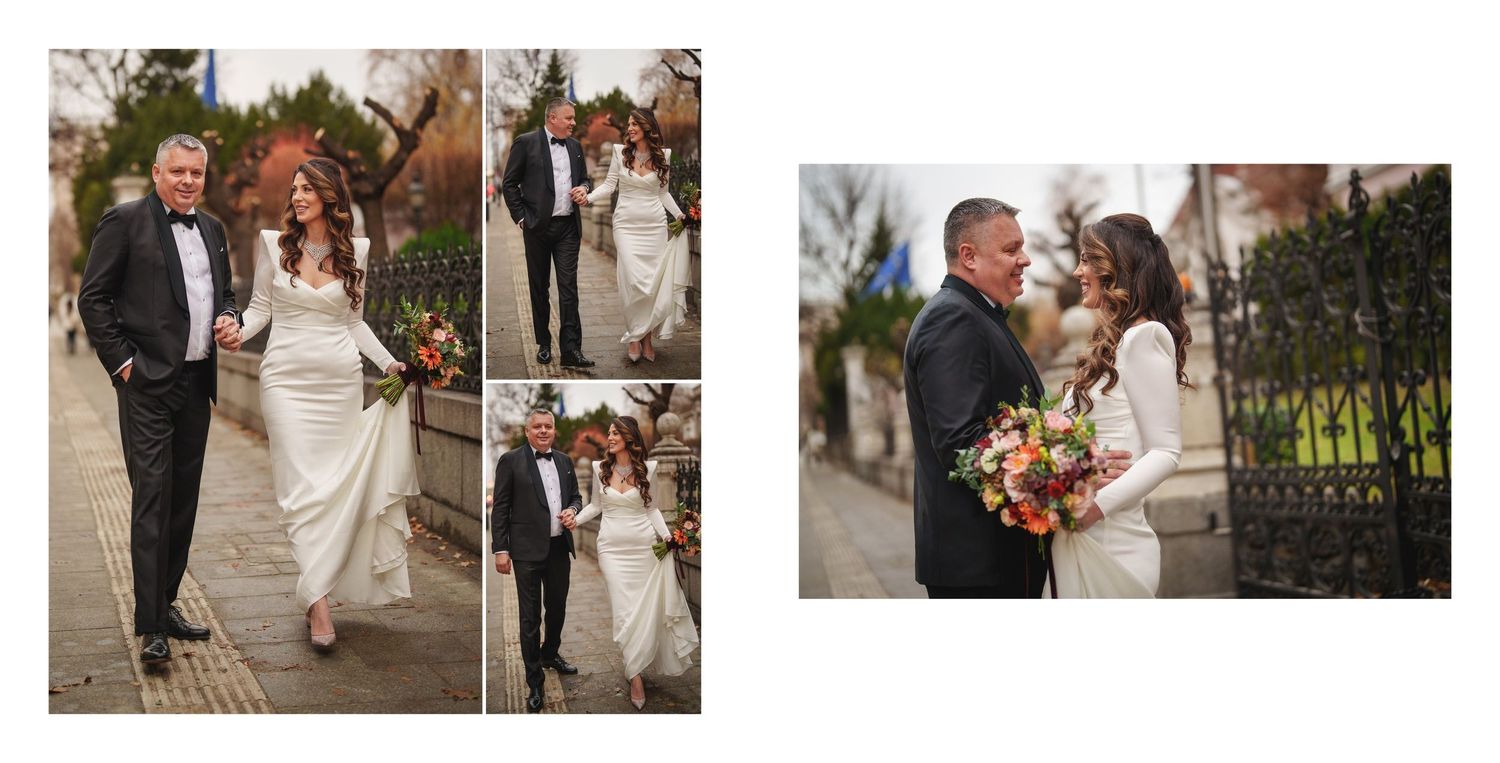 A couple shares joyful moments together on their wedding day in an outdoor garden setting with beautiful floral arrangements.