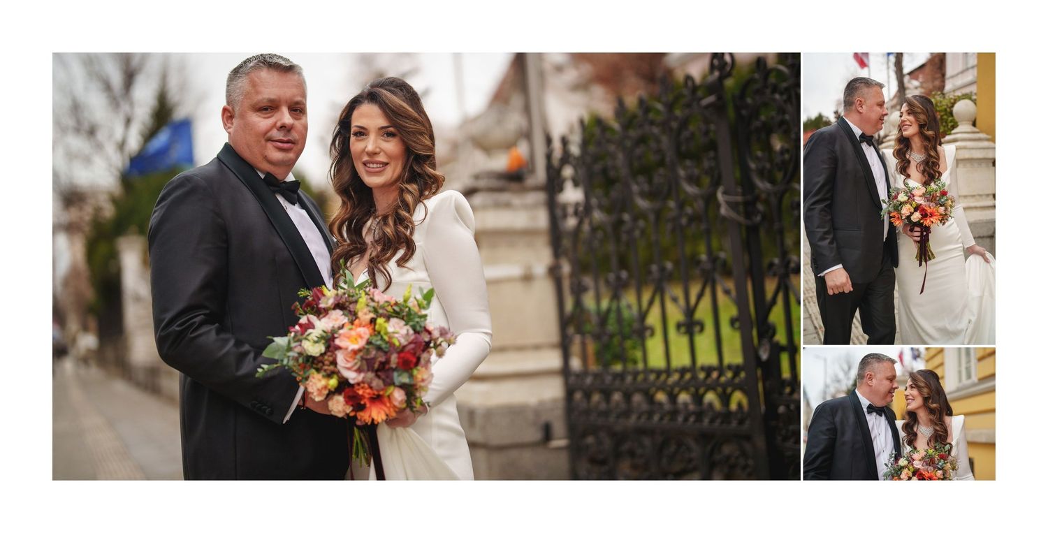 Wedding portrait collection showing couple in formal attire against iron gate backdrop with floral arrangements.