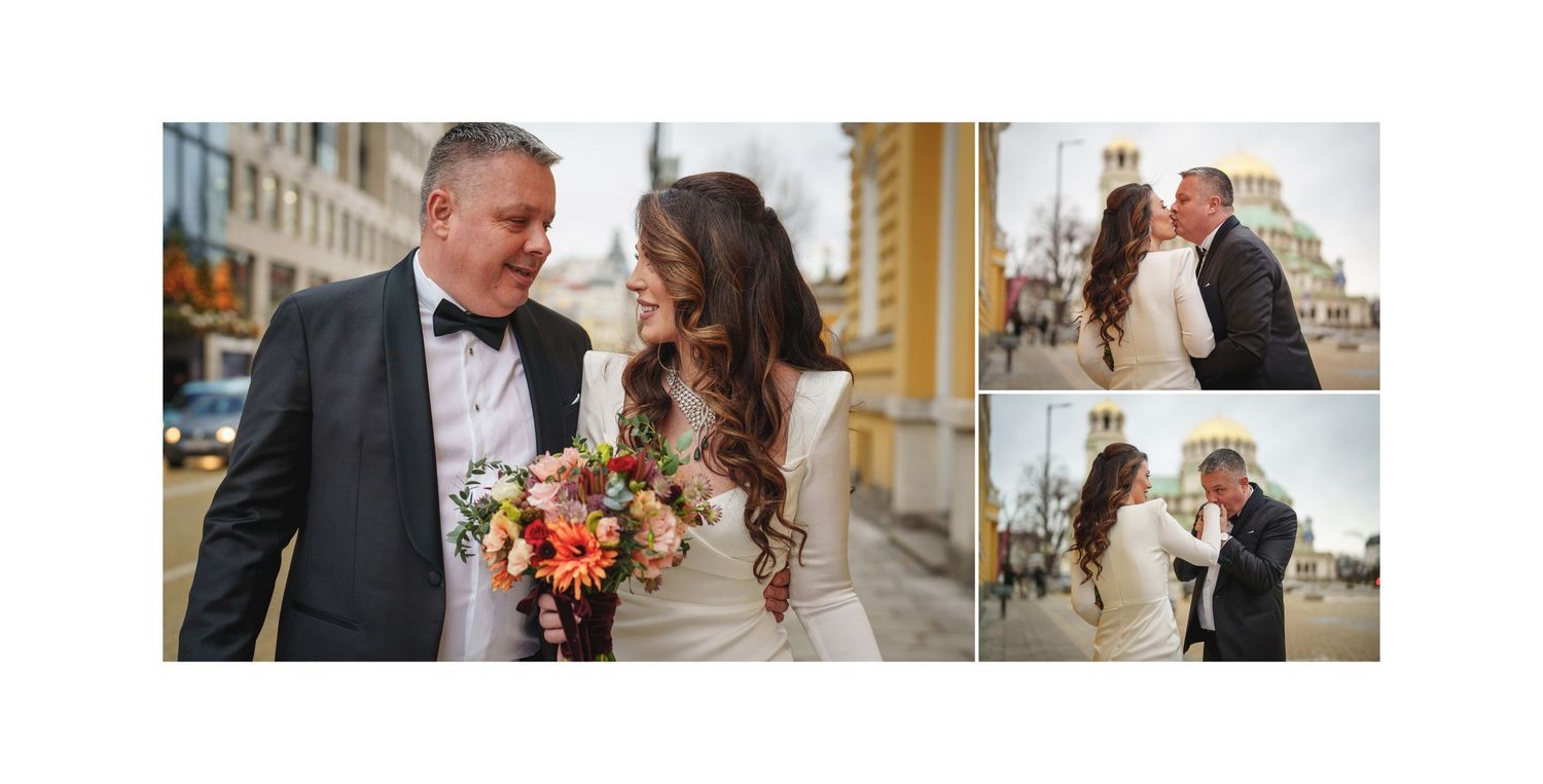 A romantic wedding couple shares intimate moments on a city street with a colorful autumn bouquet.
