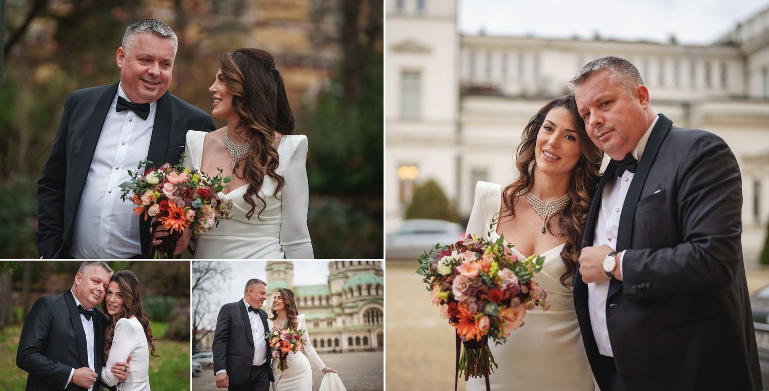 Romantic wedding couple portraits in elegant outdoor settings with autumn floral arrangements and classic architecture.