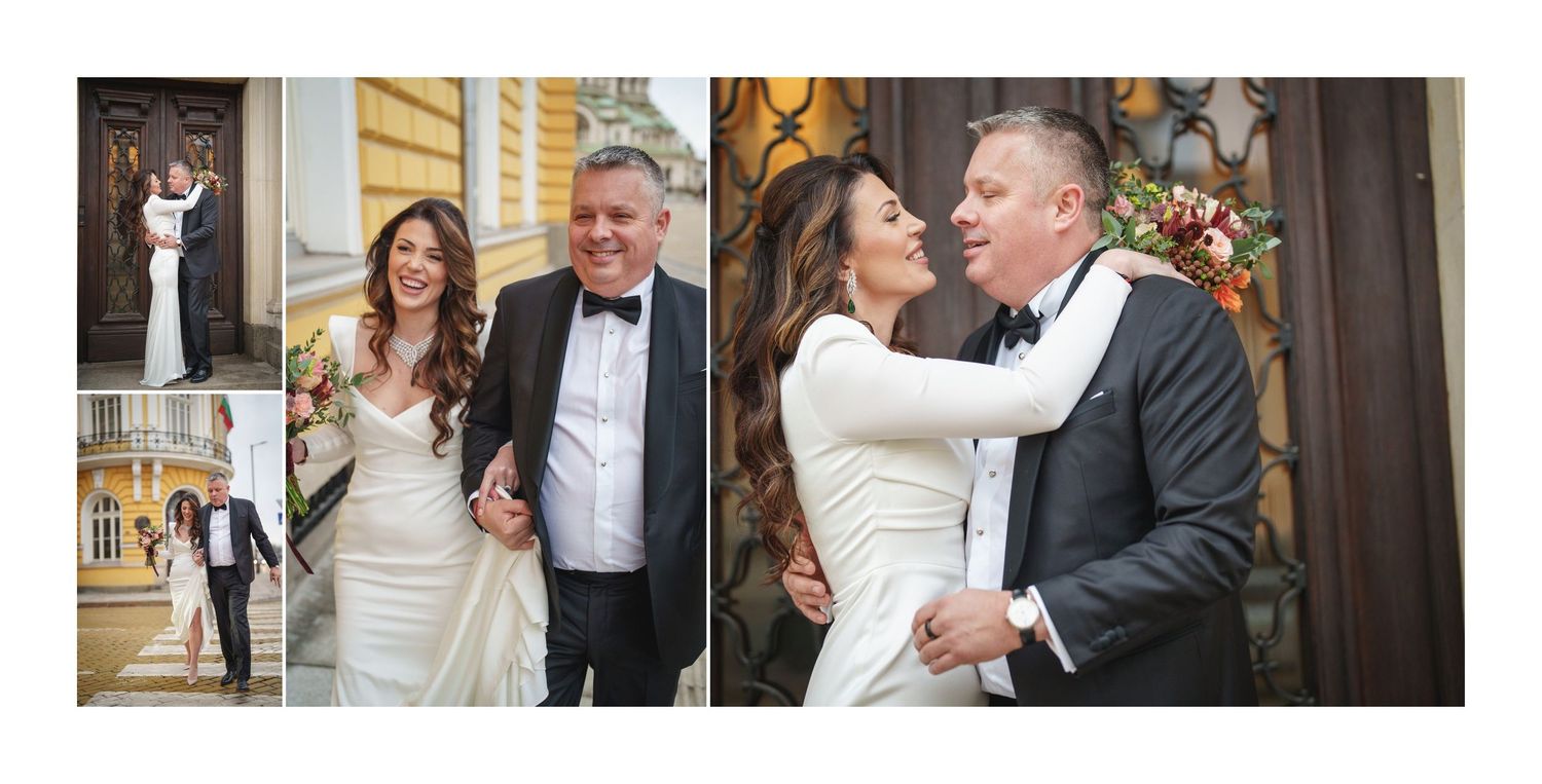 A series of romantic wedding photos showing the couple embracing and dancing together at their celebration.