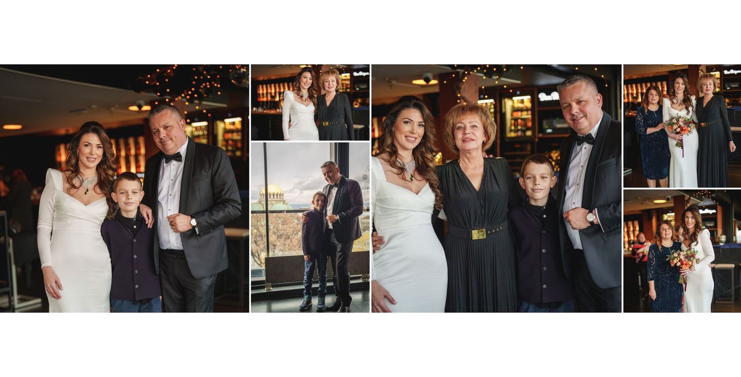 Wedding celebration collage showing guests and couple enjoying festivities in an indoor venue.