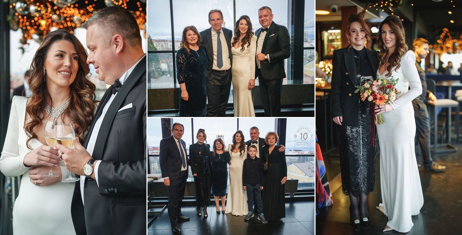 Wedding photo collage capturing candid moments and group shots at an urban reception venue.