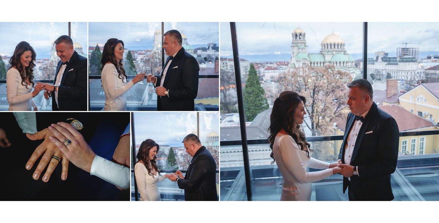 A collage of wedding moments showing a couple exchanging rings and celebrating with guests in an urban venue setting.