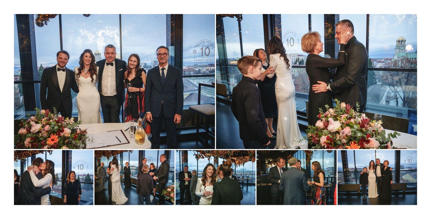 A series of wedding celebration photos showing guests gathered at a modern venue with city views in the background.