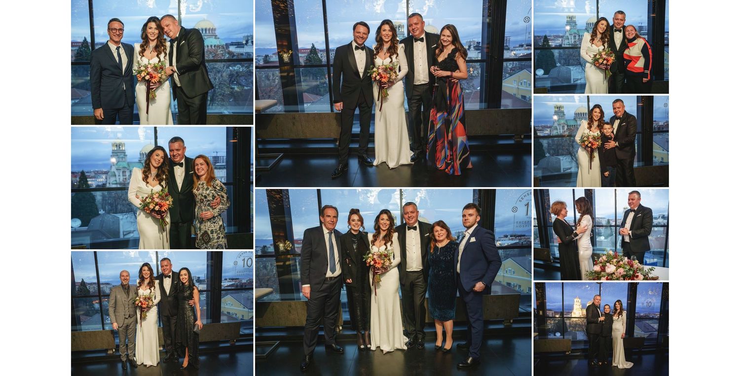 Multiple photos showing people celebrating at an elegant event with panoramic city views in the background.