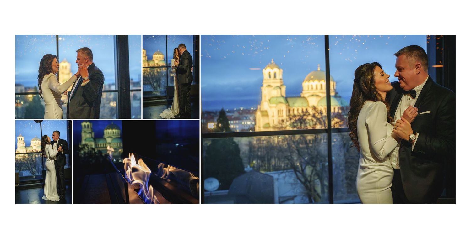 Wedding ceremony and reception photo collage featuring evening cityscape views through large windows.