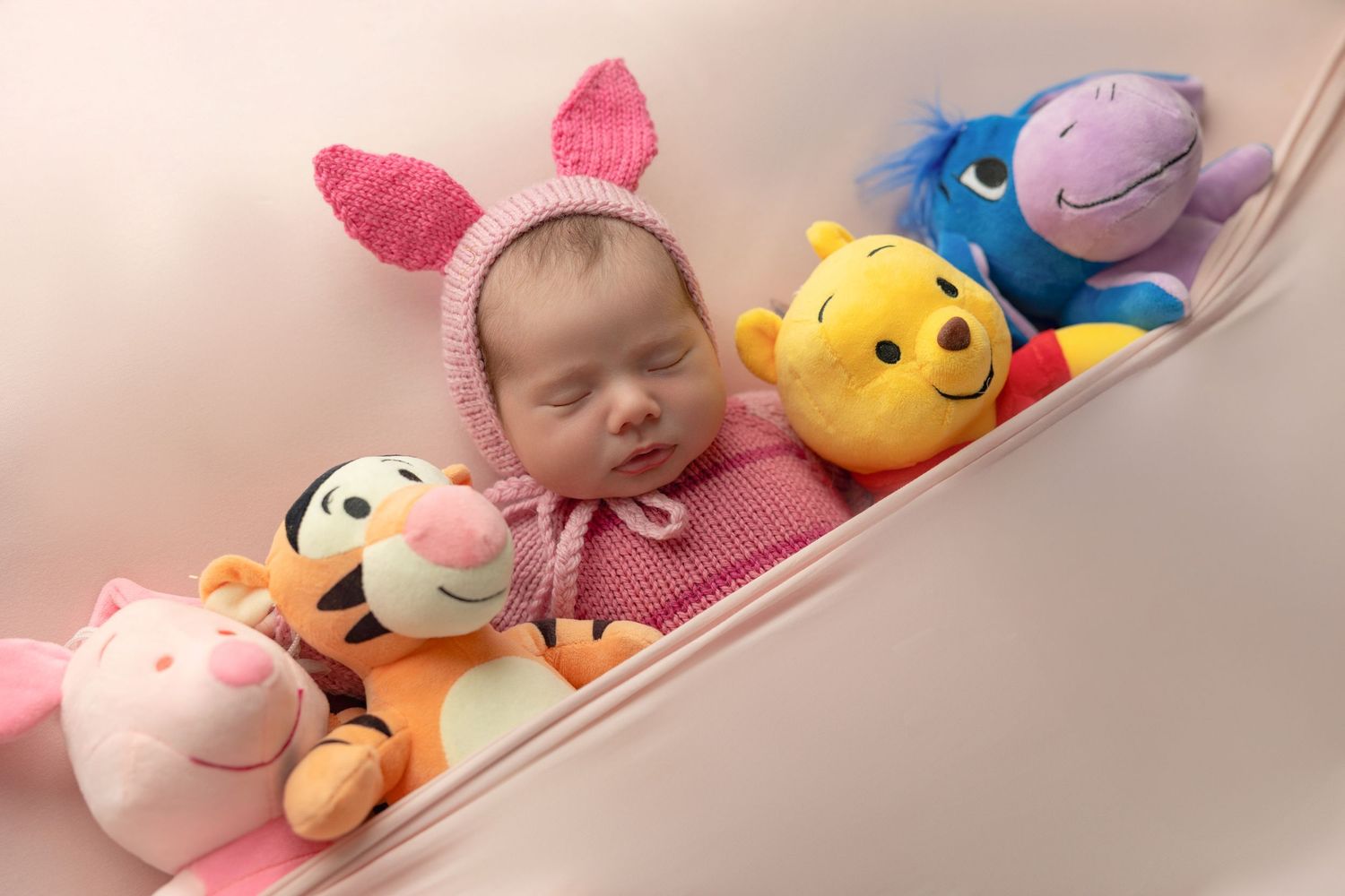 A collection of colorful plush toys and stuffed animals arranged on a white shelf display.